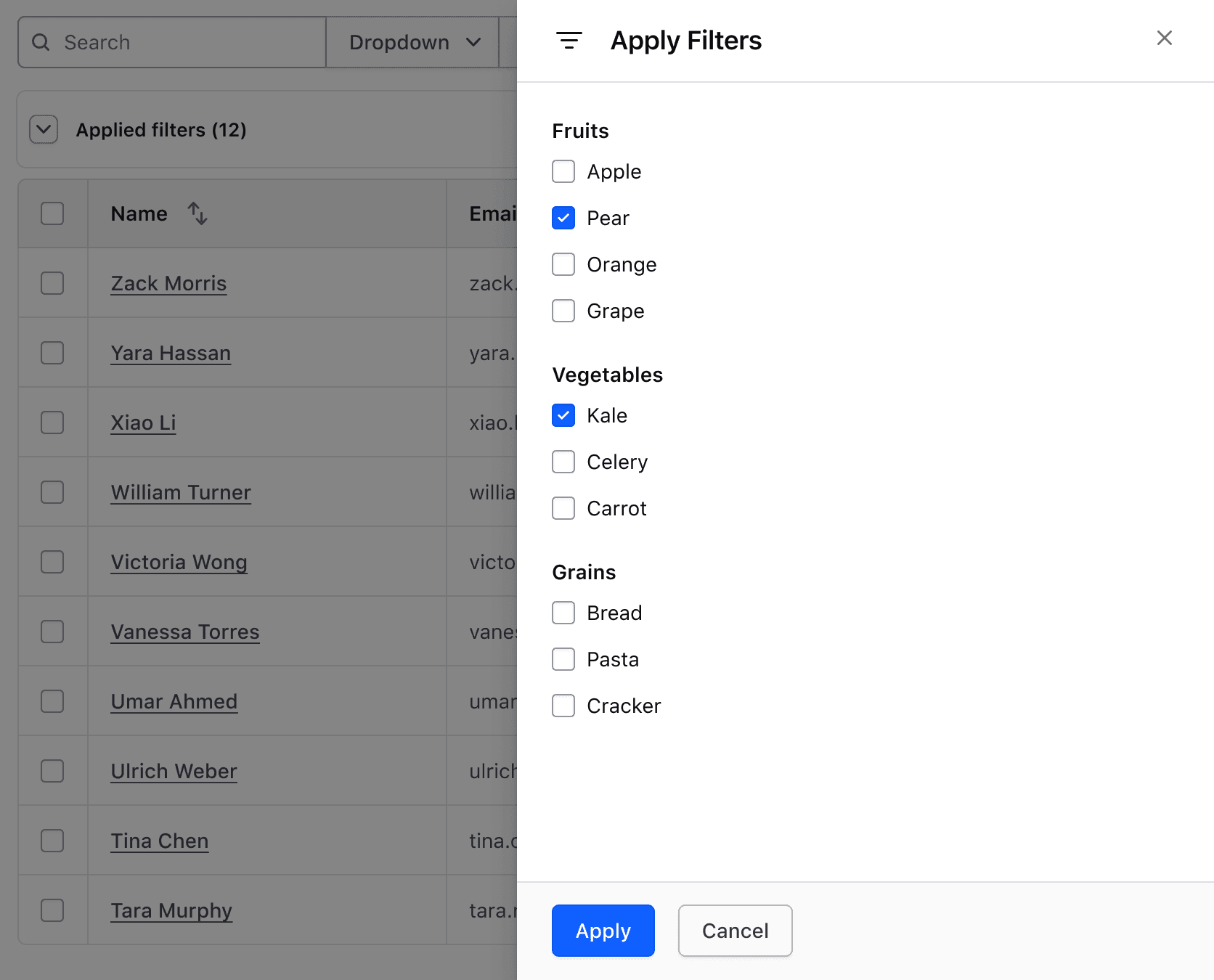 Display the overflow of filter parameters within a Flyout
